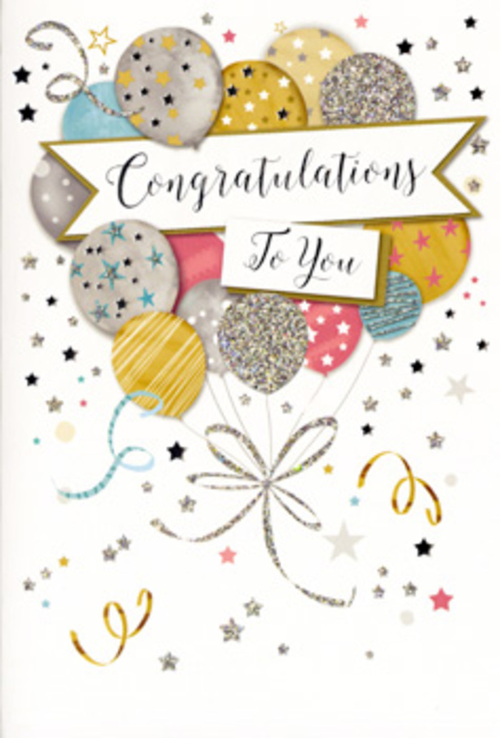 In this thoughtfully designed congratulations card, the artwork evokes the feeling of a chic celebration somewhere between Old Street and Shoreditch High Street, where creativity and joy meet. A full bouquet of hand-drawn balloons commands the centre, gathered closely yet appearing weightless, as if freshly released into the air. The balloons are coloured in a harmonious blend of metallic gold and silver, soft champagne, sky blue, rose-tinted pink, and misty grey. Each one is embellished with its own detail-tiny star clusters, scattered glitter-like specks, narrow stripes, and subtle shine-creating visual texture that suggests movement and light. Gentle ribbons dangle from the base of the arrangement, curving in long, looping strokes of gold and silver ink, echoing the way a florist might let ribbon fall naturally from a celebratory bouquet. Spanning the middle portion of the design is a classic banner, gracefully curved and lightly shaded to convey depth. Across it, the phrase Congratulations To You is written in ornate, curling calligraphy, giving the card a polished yet warm personality. Around this main composition, a constellation of small stars, confetti-like dots, and playful swirls is scattered over a pale background, evoking the floating magic of confetti suspended in soft light at a Shoreditch studio event. The illustration is bright but not overpowering, with a calm, uplifting atmosphere that makes it suitable for marking achievements large and small-from exam results to new launches. Paired with flowers arranged locally in Shoreditch, this card becomes a considered, artistic way to share pride and happiness.