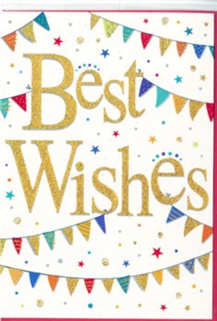 The congratulations card pictured here captures the feeling of a small, joyful party, the sort you might stumble across in a tucked-away corner of Shoreditch on a summer evening. At its centre, the words Best Wishes are beautifully scripted in gold, the lettering rendered in a confident, looping style that suggests movement and grace. The gold ink appears metallic and slightly raised, giving the message a tactile quality that would gently catch the fingertips as well as the light. Against the clean white background, this shimmering phrase becomes the natural focal point. Curving across the card above and below the text are strands of bunting, each one formed from tiny triangular flags in a mix of vivid and soft shades-crimson red, teal blue, leafy green, sunshine yellow, and delicate pastel tones. Some of these pennants seem to be accented with small patterns or glints of sparkle, evoking hand-crafted decorations strung up for a celebration near Shoreditch High Street or along Great Eastern Street. Scattered between the bunting are miniature stars and specks of confetti, as though they are gently floating through the air in the moment after a toast has been raised. The layout is generous with white space, which keeps the design feeling airy rather than busy, and allows every colour and shape to stand out clearly. It is the sort of card a florist at Shoreditch Florist might tuck into a congratulatory bouquet for a gallery opening, a new business launch, or a well-earned promotion, sharing warm, hopeful wishes that feel custom-made for the creative spirit of the area.