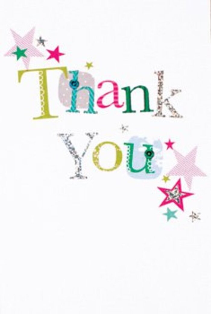 The thank you card's arrangement of letters carries a subtle exuberance, reminiscent of Shoreditch's blend of cool sophistication and friendly warmth. Each letter pops with its own personality-spots, curves, and threads of shimmering silver give character, while warm pinks and rich turquoises echo the palette of nearby boutiques on Brick Lane. Around the message, sparkling stars burst in clusters, infusing the design with celebratory life, as if the words themselves were showered with glitter on a lively evening in Boxpark. The crisp white background creates an airy, modern canvas for this cheerful display, enhancing every detail with understated elegance. The balance of refinement and festive charm makes the card a fitting companion for any bouquet-its sentiment as universally uplifting as the friendly greetings exchanged at a bustling Shoreditch café, its effect as lasting as receiving fresh flowers from a trusted local florist.