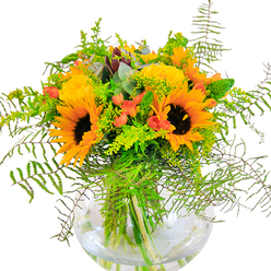 A first glance at this bouquet instantly recalls a stroll through Shoreditch's vibrant lanes at the peak of summer, every detail crafted with the precision and passion of a local expert. Sunflowers with their prominent brown centers and rich yellow petals stand tall as the focal point, sharing space with tightly-furled yellow garden roses whose soft, spiraled petals invite a closer look. Sprigs of red Hypericum berries are scattered among the blooms, each one a bright gem of colour that brings to mind the creative energy of Shoreditch's street art. The arrangement is lushly supported by textured layers of greenery: the cascading fronds of fern, light fillers like goldenrod or solidago with tiny yellow blossoms, and slender green stems that give structure and lightness. Eucalyptus leaves peek through in gentle blue-green, subtly cooling the palette much like the shady corners of Arnold Circus. Housed in an elegant, round glass vase, the stems crisscross below the flowers, visible in clear water, offering a glimpse into the skillful craftsmanship behind each element. The bouquet's scent is a soft mingling of rose petal and fresh grass, evoking memories of outdoor art fairs or summer gatherings. Designed for both visual and emotional impact, it's ideal for bringing Shoreditch's unique blend of energy and warmth into homes, perfect for birthdays, congratulations, or simply as a striking centerpiece that reflects the area's ever-present creativity.
