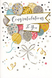 This congratulations card design feels like a captured moment from a Shoreditch celebration, blending playful energy with artistic detail. Dominating the image is a rounded cluster of illustrated balloons, layered so they overlap in a natural, almost three-dimensional way, as though drifting together above a party table in a converted warehouse space. The balloons are tinted in soft metallic gold, cool silver, champagne beige, powder blue, blush pink, and gentle grey, each decorated with its own pattern-tiny stars, scattered glints of glitter, or fine linear markings-that catch the eye the way street art details reveal themselves as you walk along Curtain Road. From the base of this balloon bouquet, slender ribbons unfurl in cascading arcs of gold and silver, introducing a sense of downward movement that balances the upward float. A smooth banner sweeps horizontally through the middle, anchored visually by the balloons yet appearing to hover lightly. On it, the words Congratulations To You are rendered in flowing, decorative script that feels sincere, like a handwritten note. All around, playful stars, dots of faux confetti, and delicate curls of line dance across a pale, spacious background, creating a sense of airiness and ongoing festivity. The illustration uses gentle contrasts rather than bold blocks of colour, giving the card a modern, understated glamour that mirrors the aesthetic of contemporary floristry around Shoreditch. It's the sort of card you'd choose to accompany a thoughtfully arranged bouquet when you want to celebrate a new role, a creative success, or any proud moment in someone's life in E1 and beyond.