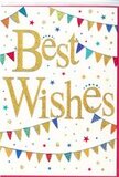 This image shows a crisp white congratulations card that feels bright, modern, and full of cheerful energy, like a celebration unfolding somewhere between Hoxton Square and Brick Lane. At the centre, the message Best Wishes is written in striking gold script, the lettering looping gracefully across the page. The gold appears metallic and slightly textured, gleaming softly as if reflecting light from a nearby studio window. This shimmering text immediately draws the eye, standing out against the clean white background with a sense of warmth and optimism. Framing the greeting, two arcs of colourful bunting sweep across the card-one along the top and one near the bottom-creating the impression of festive decorations hung for a party in a Shoreditch courtyard. Each tiny triangular flag is painted in a lively palette of colours: bright blues, rich reds, vivid greens, golden yellows, and hints of pink and purple. Some flags seem to carry subtle stripes or dots, adding a playful, hand-crafted touch. Scattered across the remaining white space are small stars and confetti-like dots, placed as if they have just drifted down from a burst of celebration. The arrangement of all these elements remains carefully balanced, with enough open space to keep the design feeling light and uncluttered. The overall mood is joyous yet refined, making this card ideal to accompany fresh flowers delivered for a promotion, housewarming, or creative milestone anywhere around Shoreditch. It conveys not just congratulations, but also an encouraging sense that the future holds exciting possibilities.
